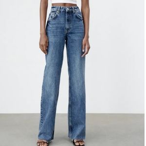 New Zara wide leg pants full length jeans medium wash hi rise sz 8